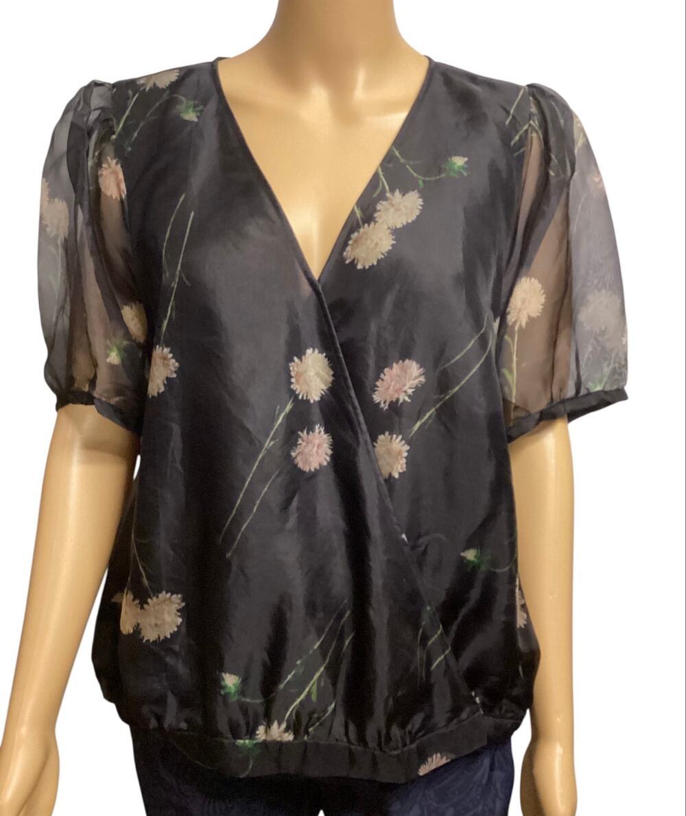 Madewell Silk Organza Puff-Sleeve Wrap Top Aster Portrait Floral Black XL